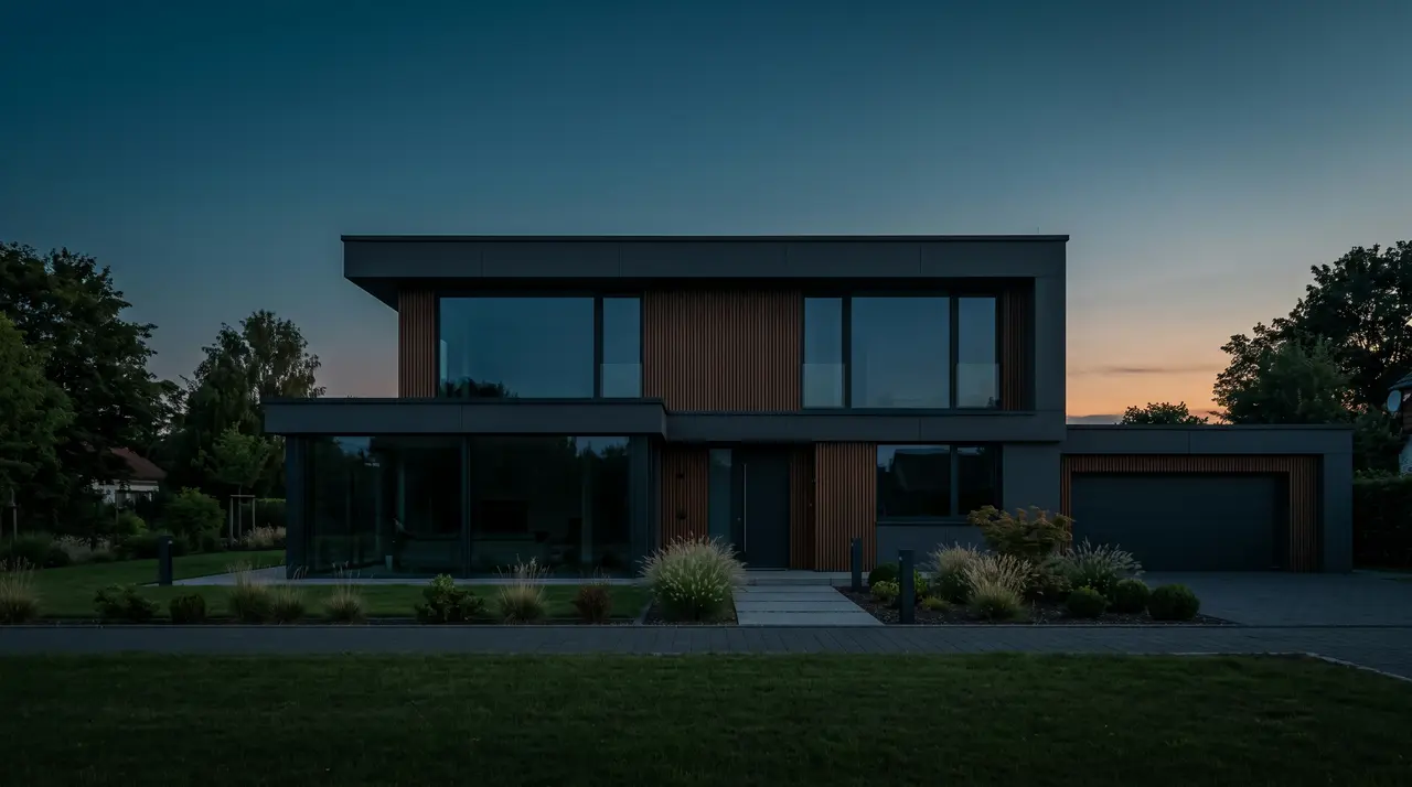 Modernes Einfamilienhaus in der Abenddämmerung