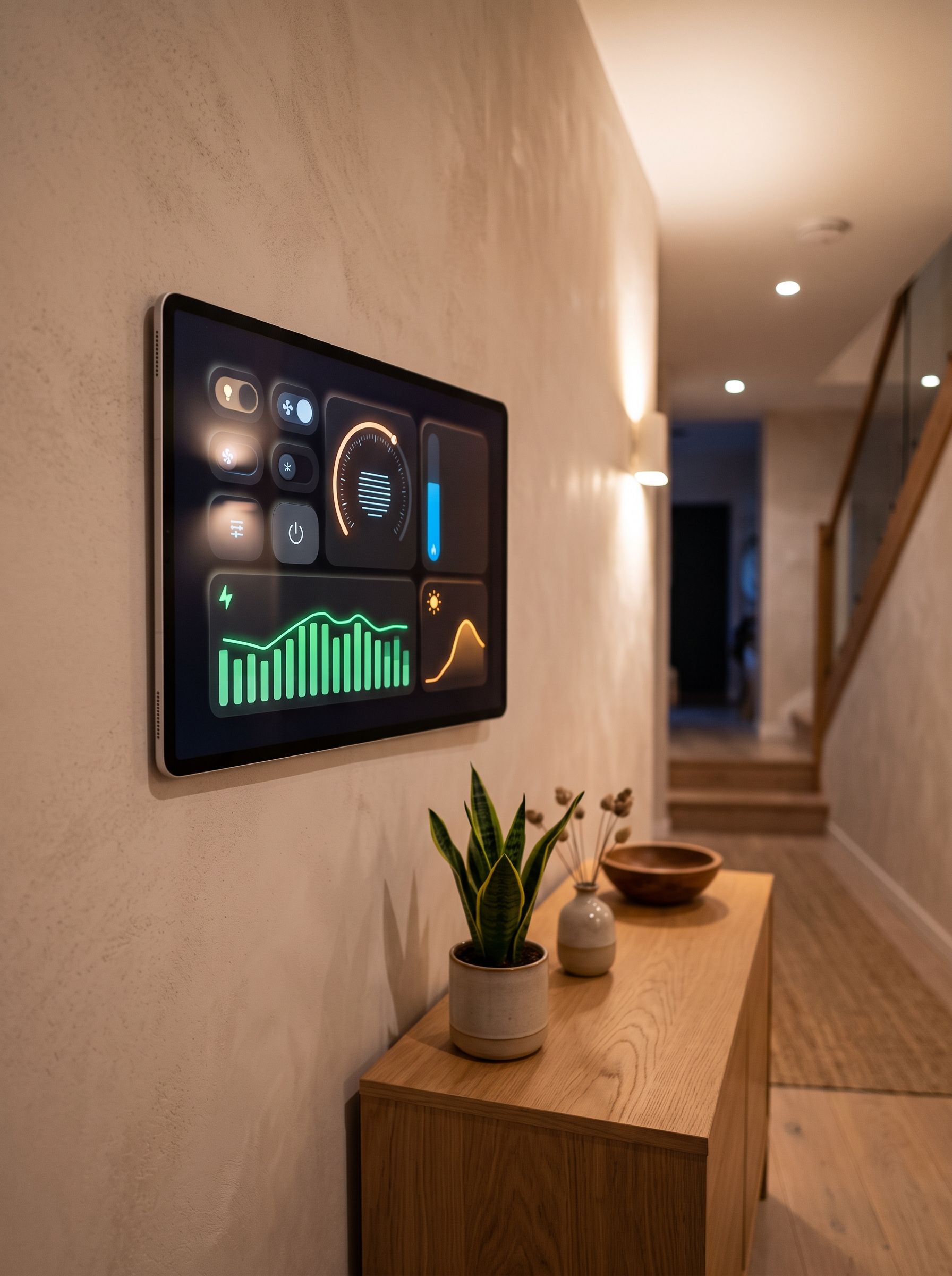 Wandpanel mit Smart-Home-Dashboard im Flur